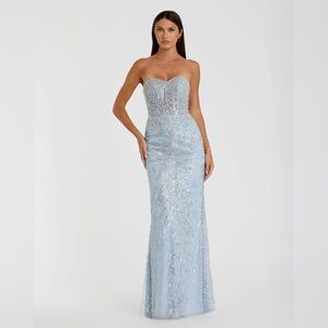 MAC DUGGAL Blue Strapless Embellished Trumpet Gown